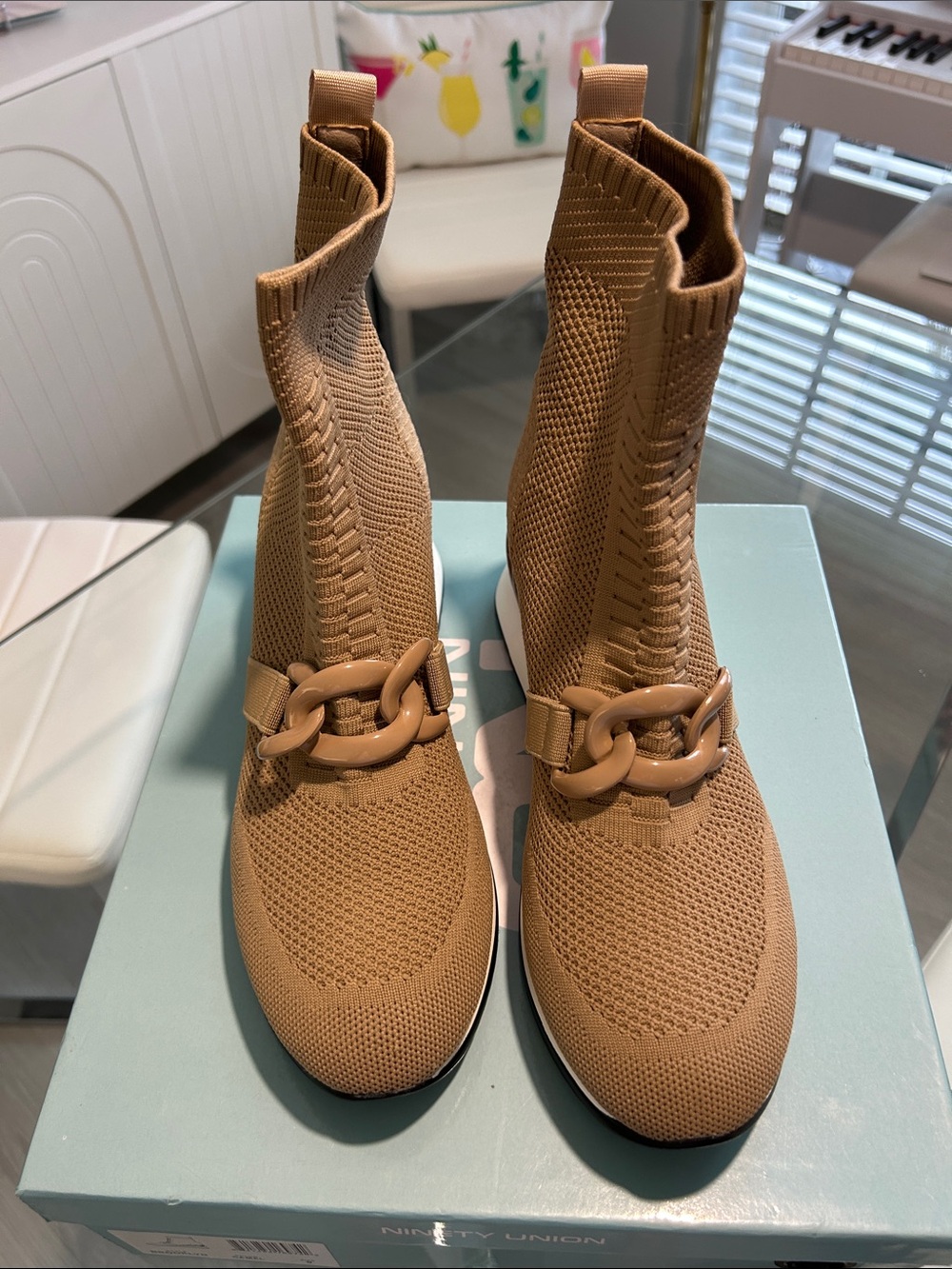 Knit Tan Ankle Booties with Chain Accent